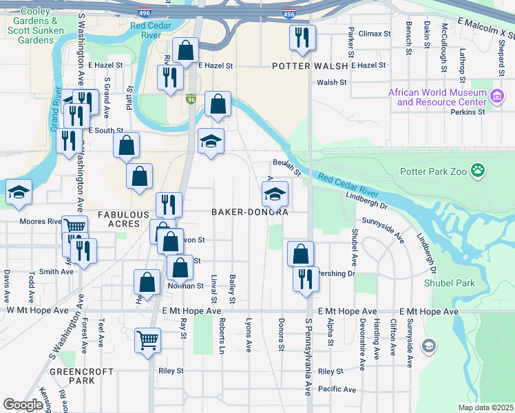 map of restaurants, bars, coffee shops, grocery stores, and more near 1435 Lyons Avenue in Lansing