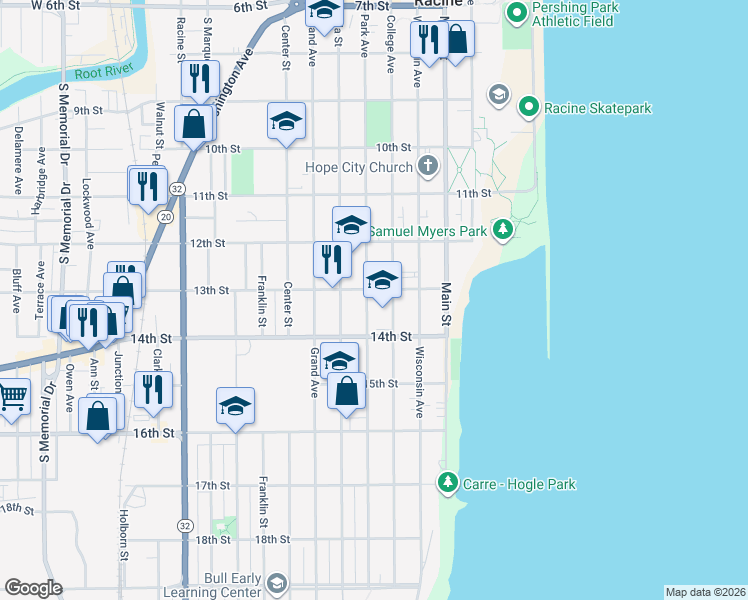 map of restaurants, bars, coffee shops, grocery stores, and more near 1300 Park Avenue in Racine