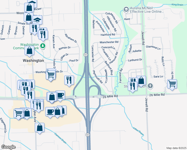 map of restaurants, bars, coffee shops, grocery stores, and more near 57347 Plymouth Road in Washington