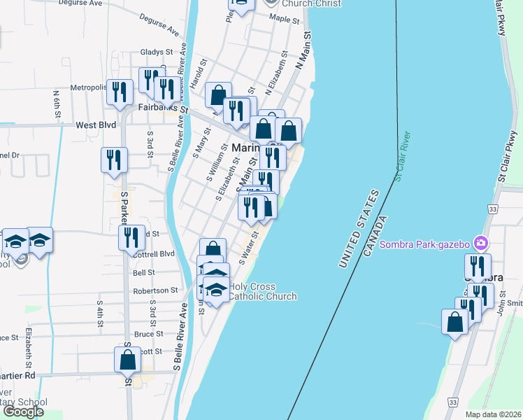 map of restaurants, bars, coffee shops, grocery stores, and more near 245 South Market Street in Marine City