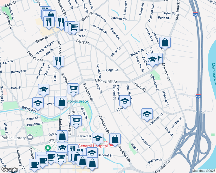 map of restaurants, bars, coffee shops, grocery stores, and more near 143 East Haverhill Street in Lawrence