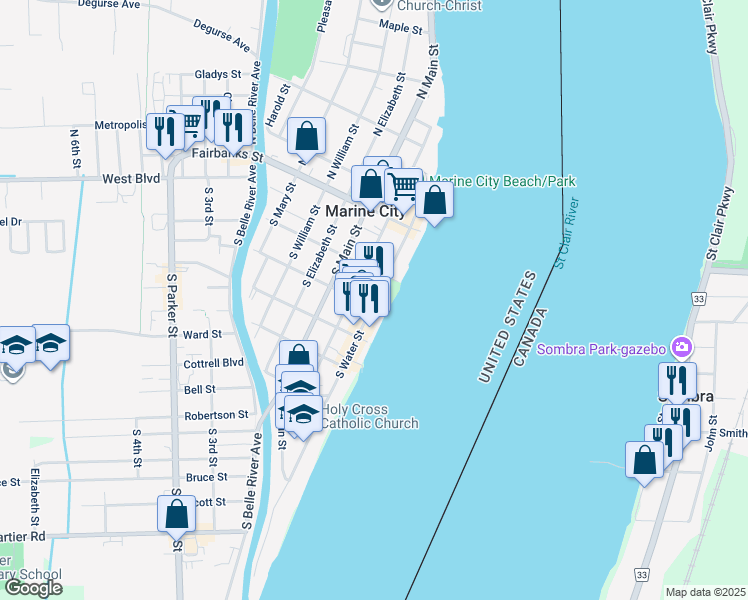 map of restaurants, bars, coffee shops, grocery stores, and more near 245 South Market Street in Marine City