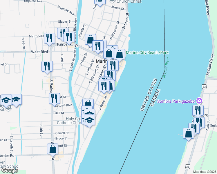 map of restaurants, bars, coffee shops, grocery stores, and more near 245 South Market Street in Marine City