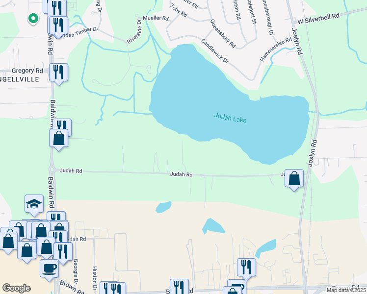 map of restaurants, bars, coffee shops, grocery stores, and more near 2780 Judah Road in Orion charter Township