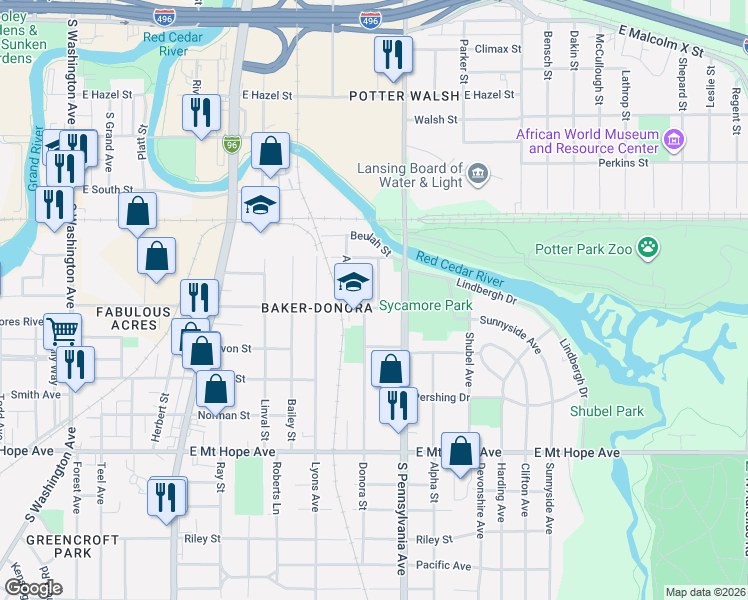 map of restaurants, bars, coffee shops, grocery stores, and more near 1435 Ada Street in Lansing