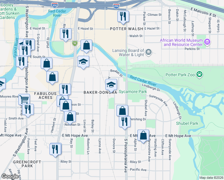 map of restaurants, bars, coffee shops, grocery stores, and more near 1435 Ada Street in Lansing