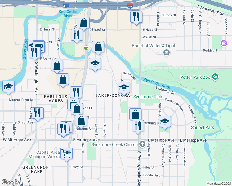map of restaurants, bars, coffee shops, grocery stores, and more near 1435 Lyons Avenue in Lansing