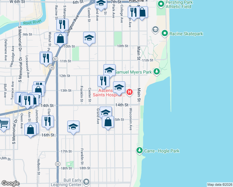 map of restaurants, bars, coffee shops, grocery stores, and more near 1300 Park Avenue in Racine