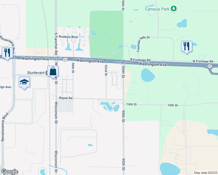 map of restaurants, bars, coffee shops, grocery stores, and more near 1507 92nd Street in Sturtevant