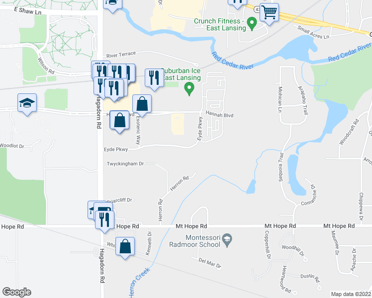 map of restaurants, bars, coffee shops, grocery stores, and more near 2827 Eyde Parkway in East Lansing