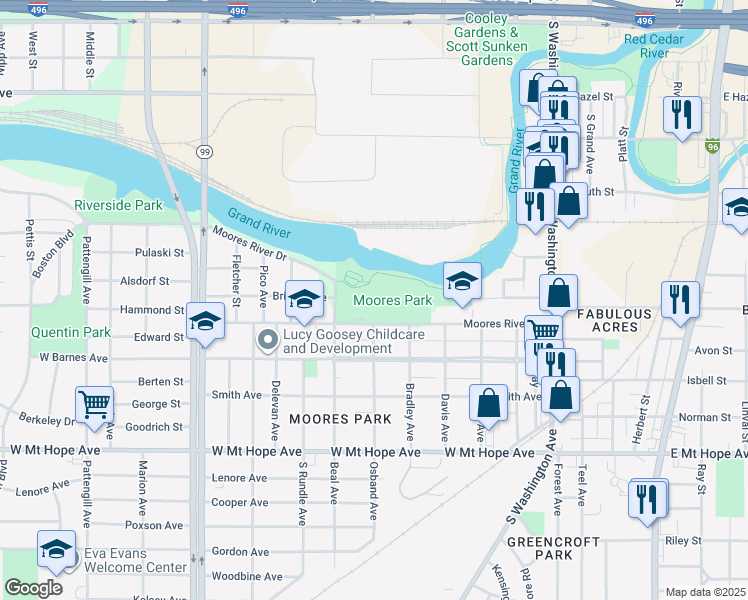 map of restaurants, bars, coffee shops, grocery stores, and more near 400 Moores River Drive in Lansing