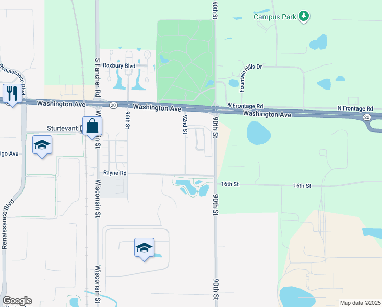 map of restaurants, bars, coffee shops, grocery stores, and more near 1517 92nd Street in Sturtevant