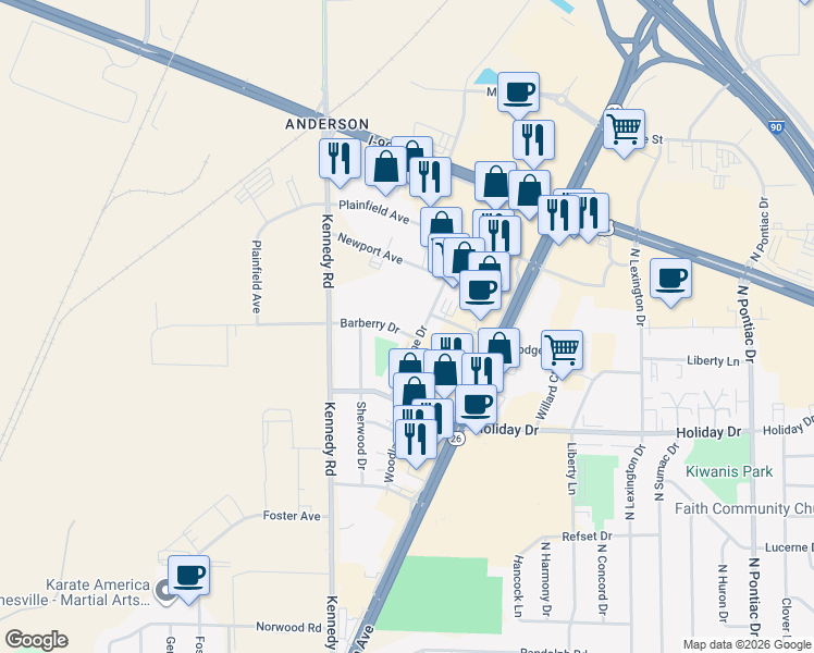 map of restaurants, bars, coffee shops, grocery stores, and more near 1547 Barberry Drive in Janesville