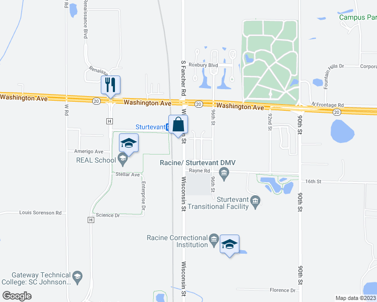 map of restaurants, bars, coffee shops, grocery stores, and more near 1681 Wisconsin Street in Sturtevant