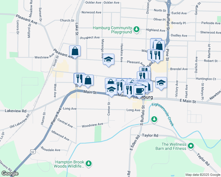 map of restaurants, bars, coffee shops, grocery stores, and more near 36 Center Street in Hamburg