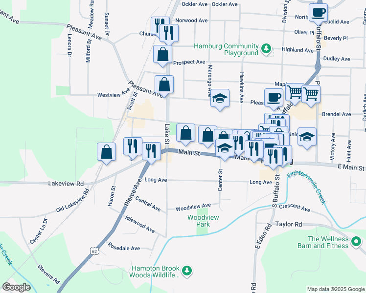 map of restaurants, bars, coffee shops, grocery stores, and more near 201 Main Street in Hamburg