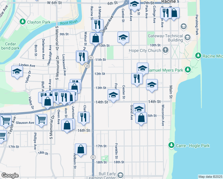 map of restaurants, bars, coffee shops, grocery stores, and more near 1244 Franklin Street in Racine