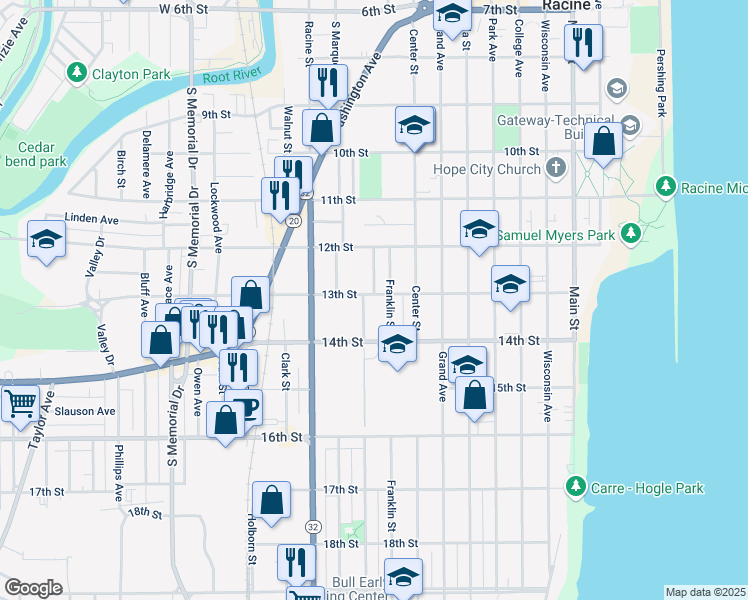 map of restaurants, bars, coffee shops, grocery stores, and more near 1244 Franklin Street in Racine