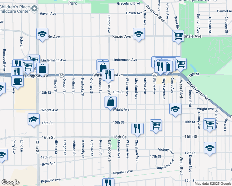 map of restaurants, bars, coffee shops, grocery stores, and more near 1254 Monroe Avenue in Racine