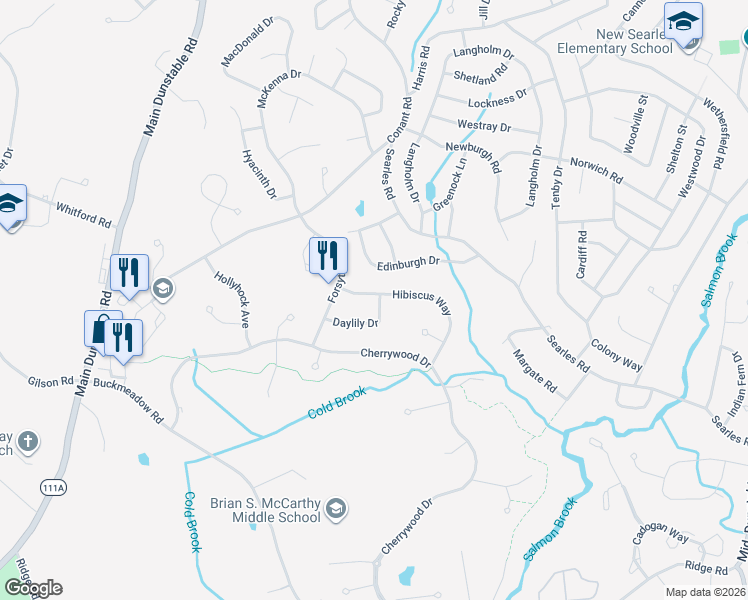 map of restaurants, bars, coffee shops, grocery stores, and more near 11 Hibiscus Way in Nashua