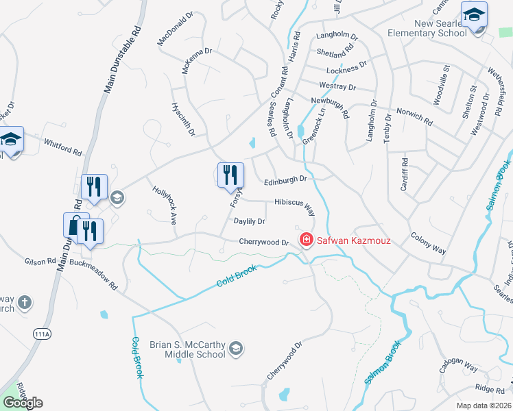 map of restaurants, bars, coffee shops, grocery stores, and more near 7 Hibiscus Way in Nashua