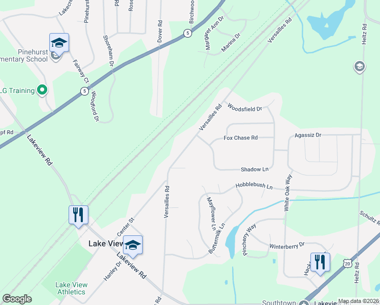 map of restaurants, bars, coffee shops, grocery stores, and more near 6233 Versailles Plank Road in Lake View