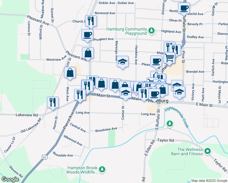 map of restaurants, bars, coffee shops, grocery stores, and more near 169 Main St in Hamburg