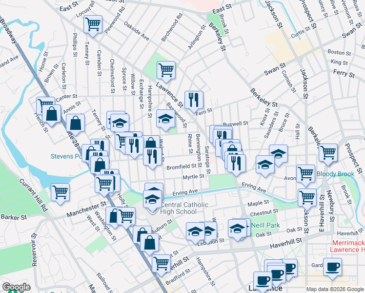 map of restaurants, bars, coffee shops, grocery stores, and more near 187 Park Street in Lawrence