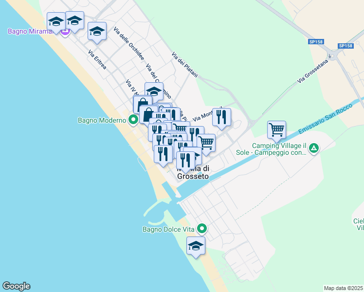 map of restaurants, bars, coffee shops, grocery stores, and more near 37 Via Firenze in Marina di Grosseto
