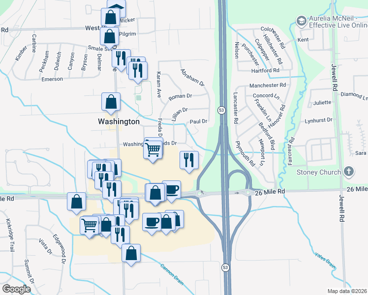 map of restaurants, bars, coffee shops, grocery stores, and more near 8516 Washington Woods Drive in Washington