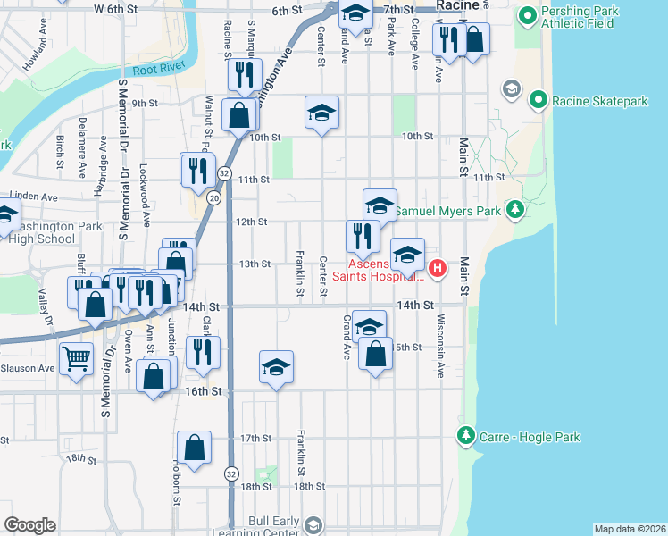 map of restaurants, bars, coffee shops, grocery stores, and more near 1247 Center Street in Racine