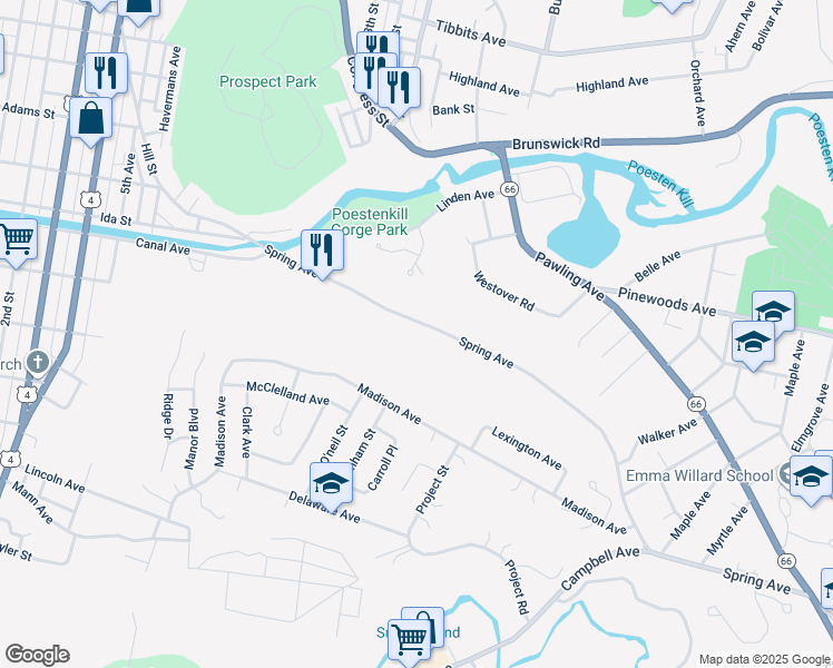 map of restaurants, bars, coffee shops, grocery stores, and more near 58 Spring Ave in Troy