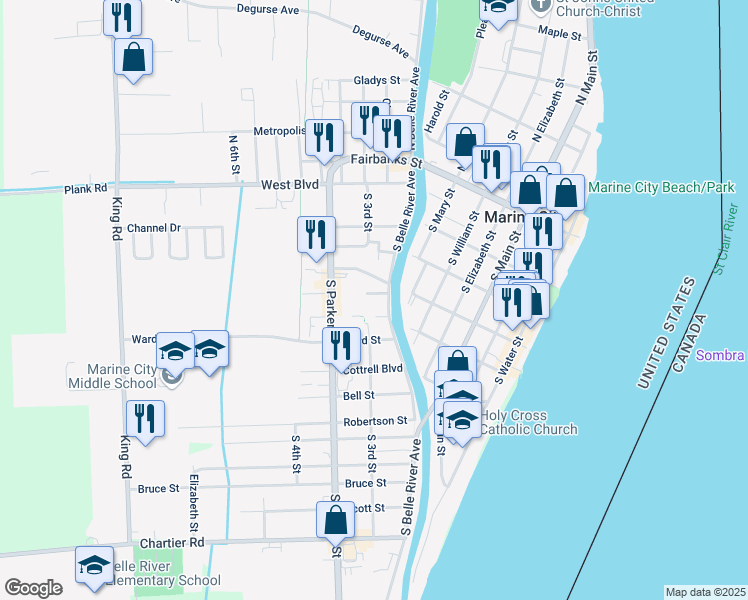 map of restaurants, bars, coffee shops, grocery stores, and more near 312 South Belle River Avenue in Marine City