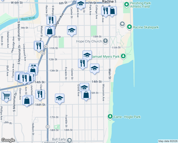 map of restaurants, bars, coffee shops, grocery stores, and more near 1300 Park Avenue in Racine