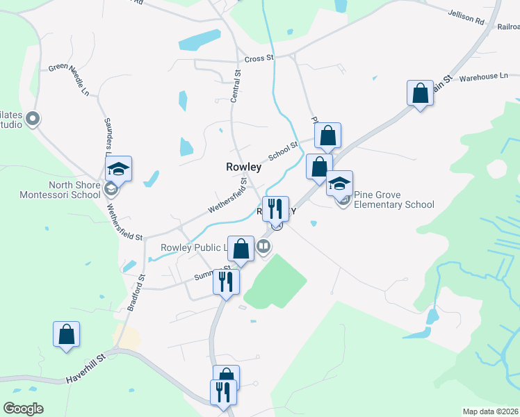 map of restaurants, bars, coffee shops, grocery stores, and more near 20 Central Street in Rowley