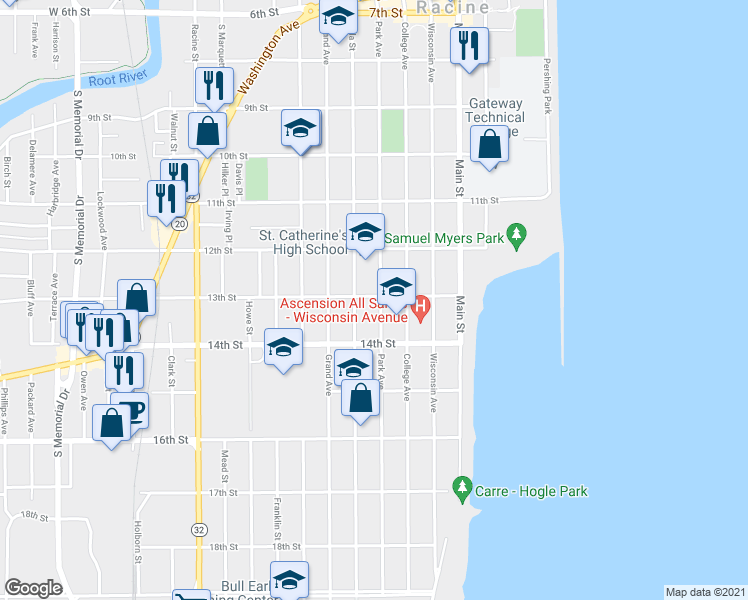 map of restaurants, bars, coffee shops, grocery stores, and more near 501 13th Street in Racine