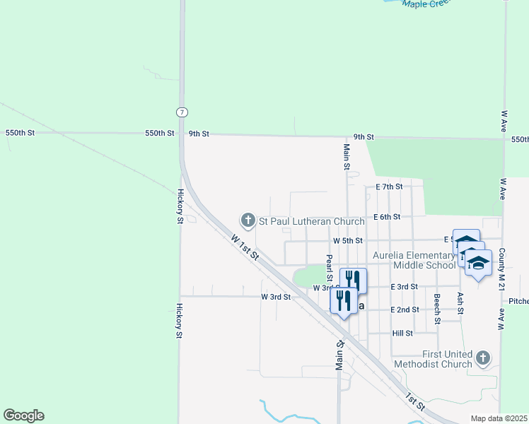 map of restaurants, bars, coffee shops, grocery stores, and more near 501 West 6th Street in Aurelia