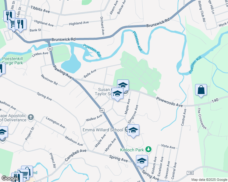 map of restaurants, bars, coffee shops, grocery stores, and more near 12 Larch Avenue in Troy