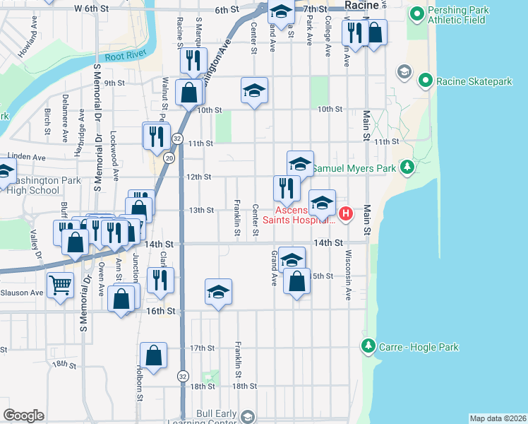map of restaurants, bars, coffee shops, grocery stores, and more near 1247 Center Street in Racine