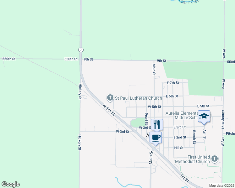 map of restaurants, bars, coffee shops, grocery stores, and more near 501 West 6th Street in Aurelia