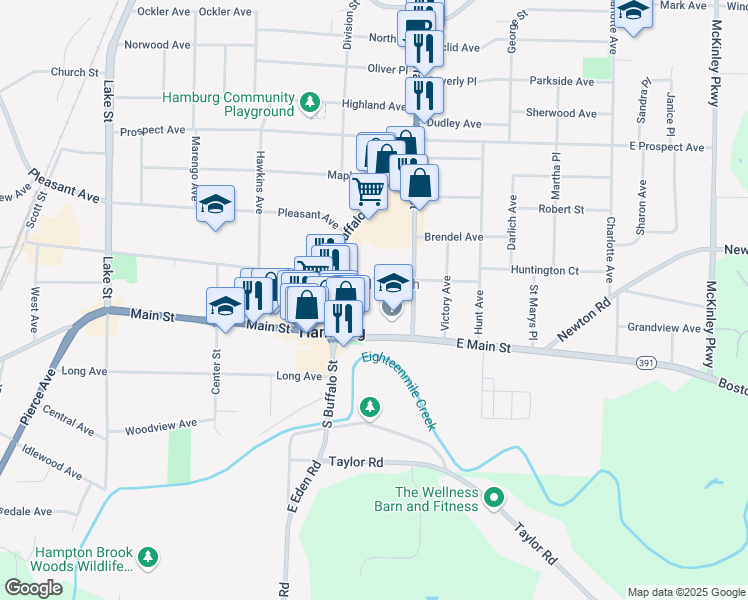 map of restaurants, bars, coffee shops, grocery stores, and more near 25 Buffalo Street in Hamburg