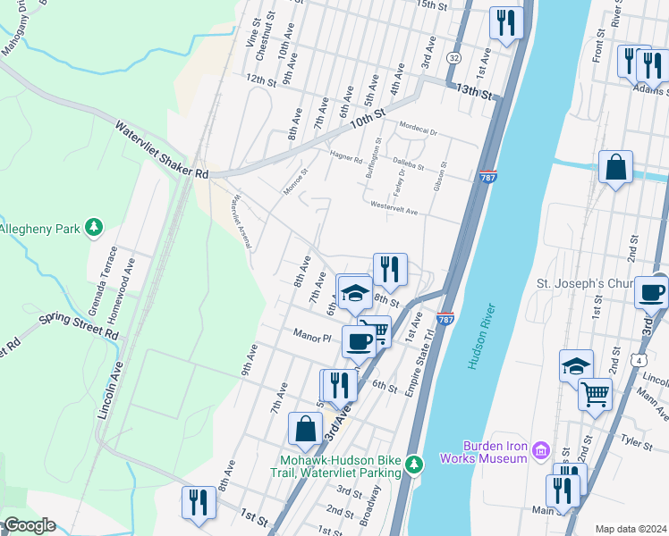 map of restaurants, bars, coffee shops, grocery stores, and more near 536 8th Street in Watervliet