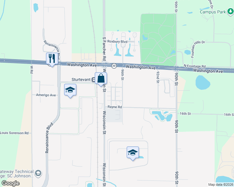 map of restaurants, bars, coffee shops, grocery stores, and more near 1681 Wisconsin Street in Sturtevant