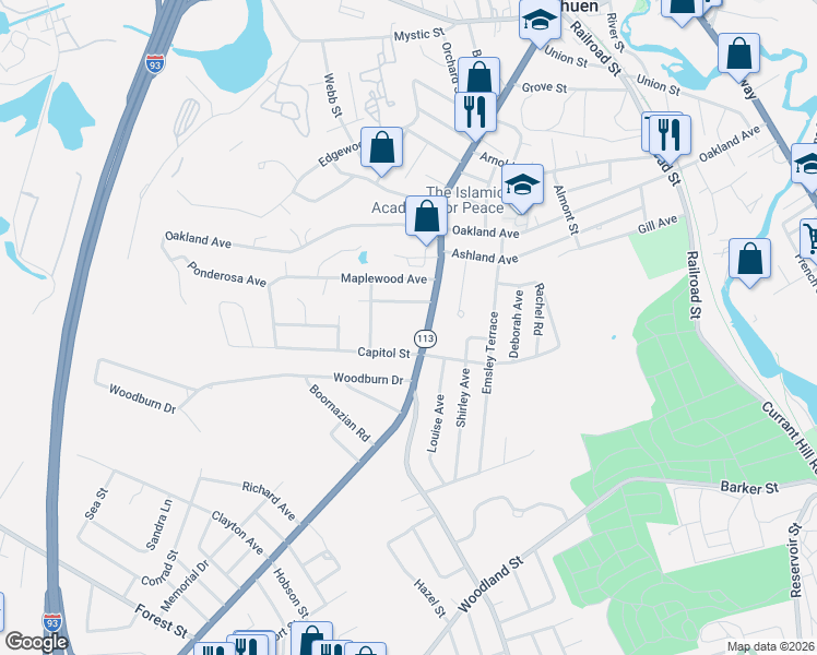 map of restaurants, bars, coffee shops, grocery stores, and more near 193 Lowell Street in Methuen