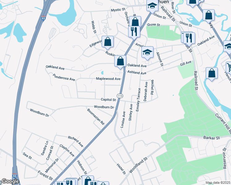 map of restaurants, bars, coffee shops, grocery stores, and more near 193A Lowell Street in Methuen