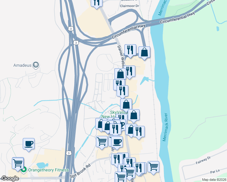 map of restaurants, bars, coffee shops, grocery stores, and more near 8 Louisburg Square in Nashua