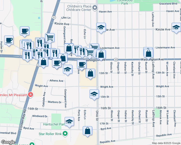map of restaurants, bars, coffee shops, grocery stores, and more near 4801 Washington Avenue in Racine
