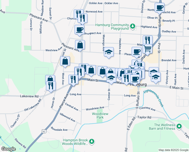 map of restaurants, bars, coffee shops, grocery stores, and more near 201 Main St in Hamburg