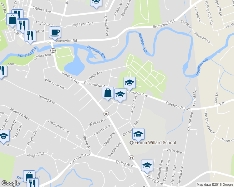 map of restaurants, bars, coffee shops, grocery stores, and more near 12 Larch Avenue in Troy