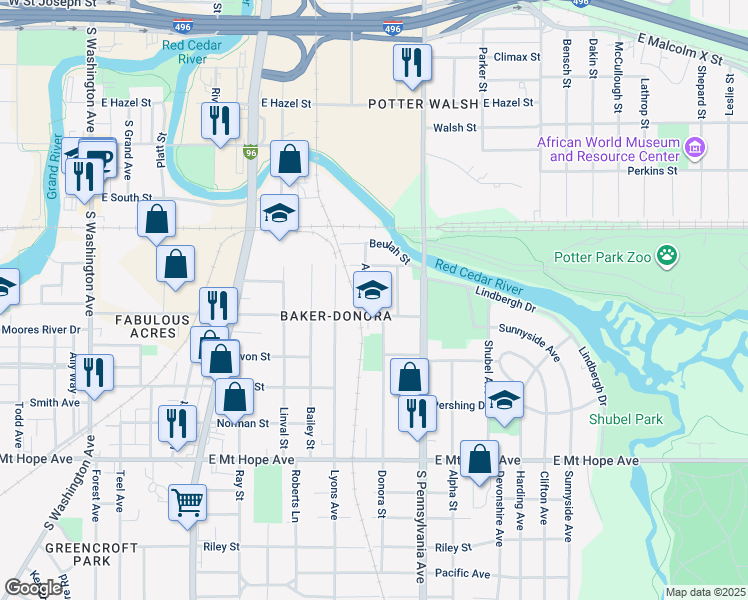 map of restaurants, bars, coffee shops, grocery stores, and more near 1435 Ada Street in Lansing